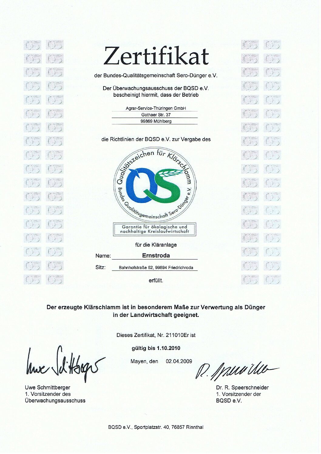 Zertifikat des Bundes-Qualitätsgemeinschaft Sero-Dünger e.V.